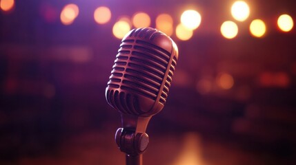 Vintage microphone stands alone on stage with bright lights illuminating the background during an evening performance. Generative AI