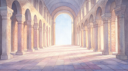 Ancient Architectural Hallway Watercolor Painting
