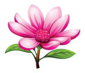 Pink magnolia flower in bloom with open petals and leaves. Vector cartoon illustration