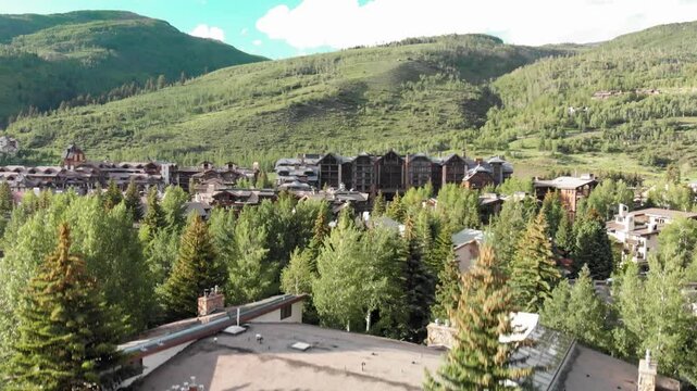 Vail, Colorado. Aerial city view on a beautiful sunny summer day. Slow motion
