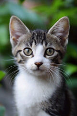 Obraz premium A close-up of a curious tabby kitten with bright eyes and a green leafy background.