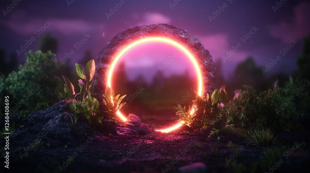 Poster glowing neon ring surrounded by trees in a dark forest setting with vibrant illumination