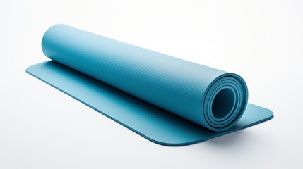 A yoga mat partially rolled, displaying its smooth surface, placed on a white backdrop.