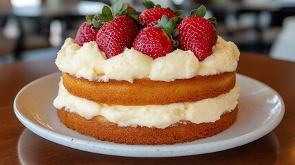 A layered vanilla cake topped with fresh strawberries, with a blurred modern kitchen in the background.