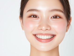 young east asian girl woman model gen z gen alpha clear skin blush smiling against a white background in a studio with clear skin no pores and aegyo sal glass skin skincare natural dentist veneers