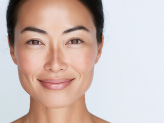 Obraz premium smiling east asian woman with blush and clear skin small pores close up head shot against white background brunette 