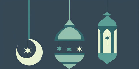Minimalist Ramadan Design with Crescent Moon and Lanterns, Minimal Flat Vector Illustration of Crescent Moon, Stars, and Lanterns – Ramadan Theme