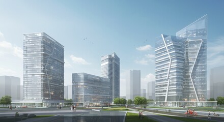 Modern skyscrapers in a bustling urban environment with clear skies