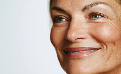40s 50s 60s old older mature forties fifties sixties boomer woman beautiful model glowing skin wrinkles fine lines filler plastic surgery face lift plain white background healthy menopause hormones