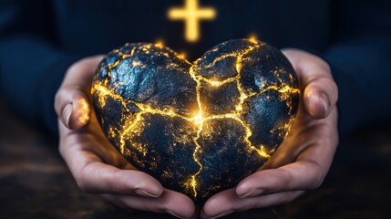 Hands holding a cracked heart with glowing golden light and cross background