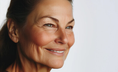 Naklejka premium 40s 50s 60s old older mature forties fifties sixties boomer woman beautiful model glowing skin wrinkles fine lines filler plastic surgery face lift plain white background healthy menopause hormones