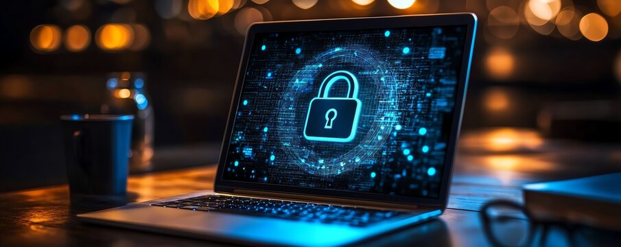 Laptop displaying padlock symbol, firewall system, and strong password protection, ensuring secure online connections and data security