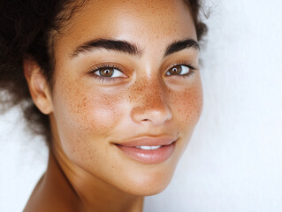 close up black african mixed race glowing skin freckles tanned thick eyebrows woman young hazel eyes model fresh glow clean skincare natural makeup modern smiling plain white studio background 