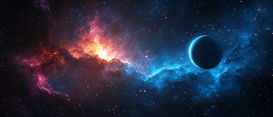 Astronomy cosmic space wallpaper, glowing galaxy nebula, black Milky Way, starry night sky, planets and fantasy universe design