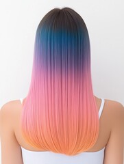 Naklejka premium Vibrant multicolored ombre hair on woman in white tank top