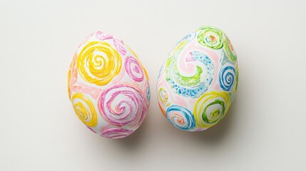 Fototapeta premium Colorful Easter eggs, painted swirls, white background, spring holiday decoration