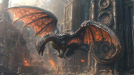Gears enhancing majestic steampunk dragon with intricate wings in image. Mythic Clockwork Temples. Illustration