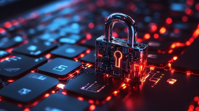 Data security concept, padlock on laptop, strong password and firewall protection, safeguarding personal information from cyber attacks