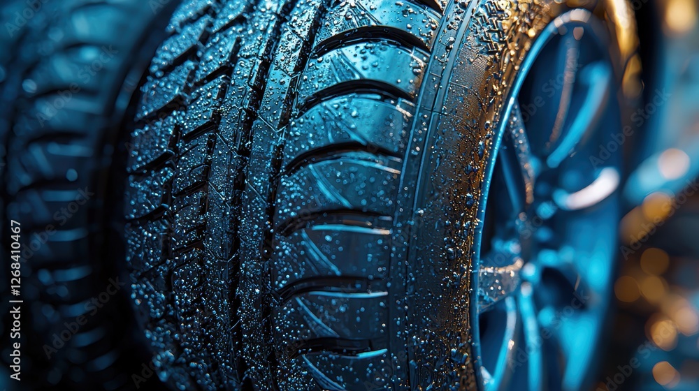Poster close-up of a wet tire showcasing tread patterns and reflections.