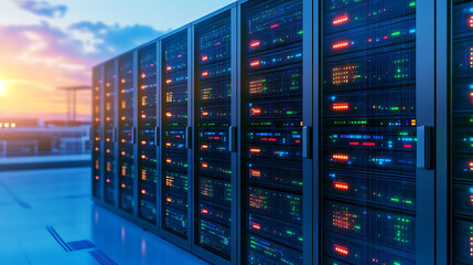 Obraz premium Illuminated Server Racks in Data Center at Dusk