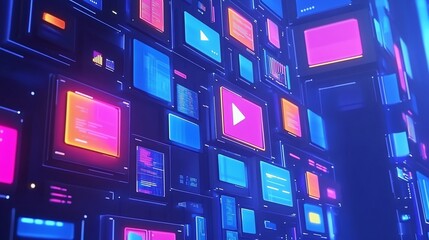Fototapeta premium Abstract digital wall of colorful screens with play buttons and data.