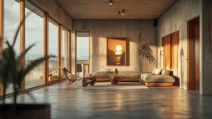 Sunlit minimalist bedroom with ocean view.
