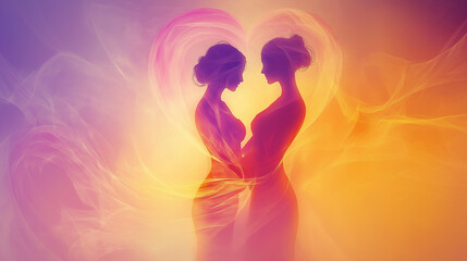 Abstract artistic representation of a lesbian wedding: two luminous intertwined silhouettes forming a heart