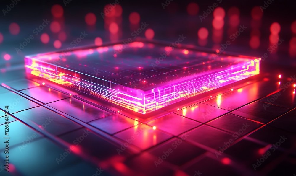 Poster a vibrant 3d holographic grid with pulsing neon effects, ideal for digital and tech visuals.