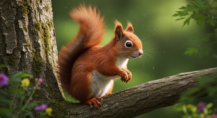 Red squirrel perched on a tree branch amidst lush green foliage