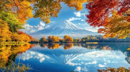 Naklejka premium A reflective mountain lake in Japan framed by bright and colorful trees during summer. Stock photo