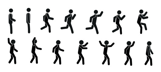 a large set of figures of small people on a white background, sketch, silhouettes of running, dancing people