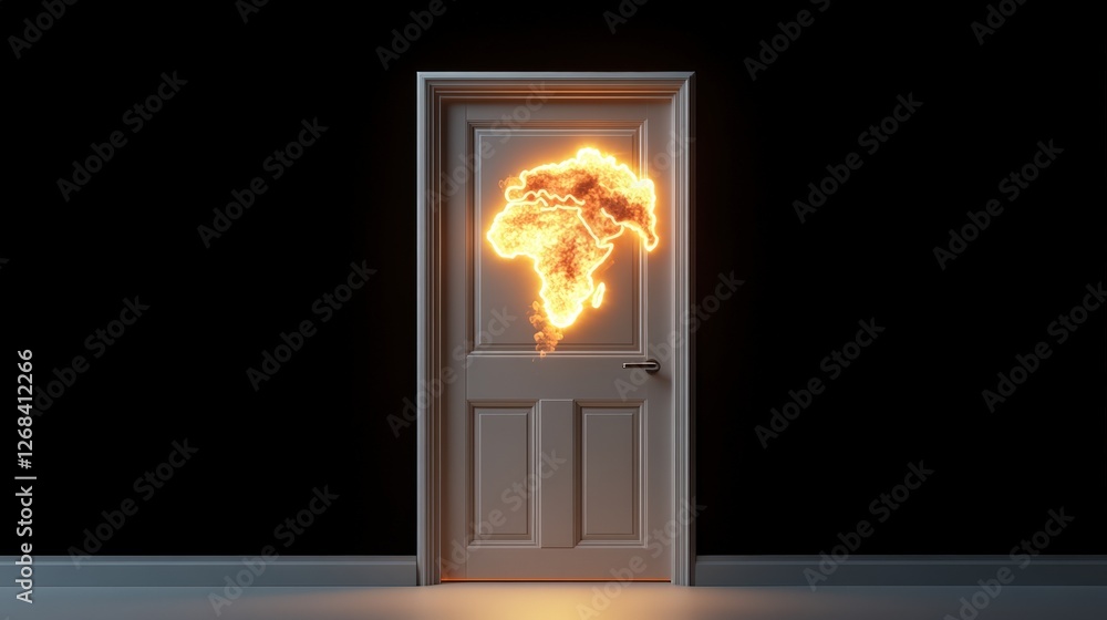 Poster doorway with fire emerging from it leading to a bright and mysterious environment in high fidelity i