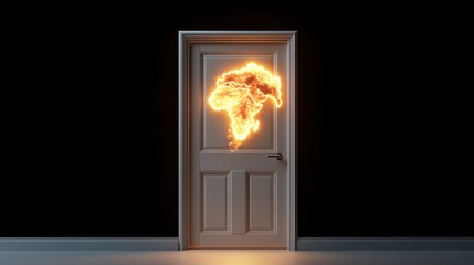 Doorway with fire emerging from it leading to a bright and mysterious environment in high fidelity image