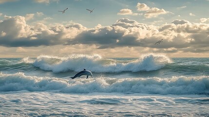 Fototapeta premium Dolphin leaping over ocean waves at sunset.