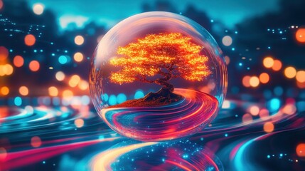 Fiery bonsai tree encased in a glass sphere, set against a vibrant, swirling background.