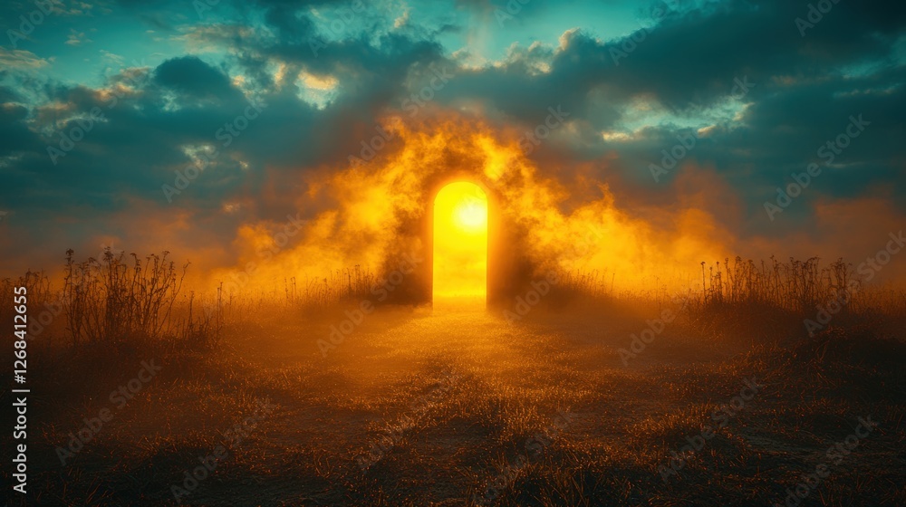 Poster eerie dark open door with luminous light in misty fog creating a mysterious atmosphere