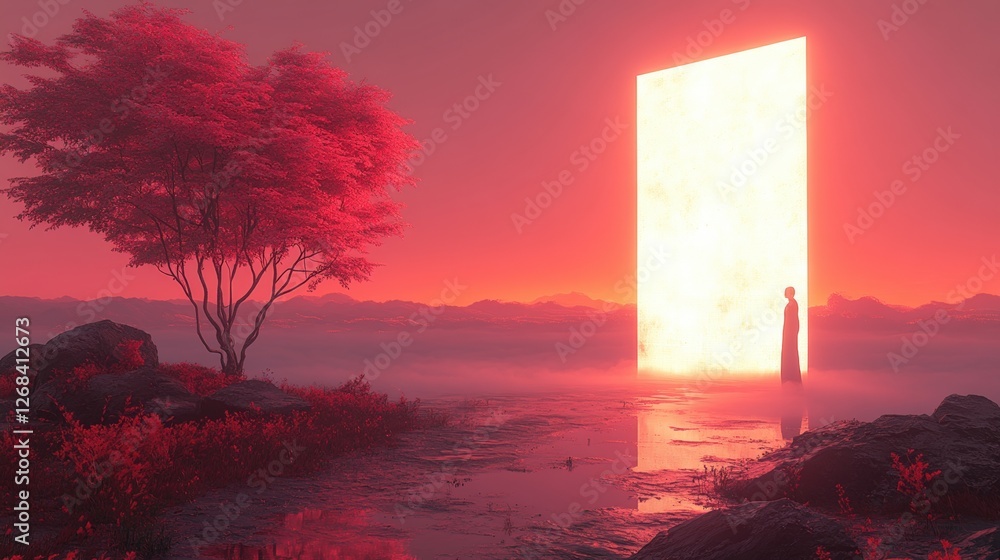 Poster man in red landscape standing near a tree by a large open luminous doorway in a misty field
