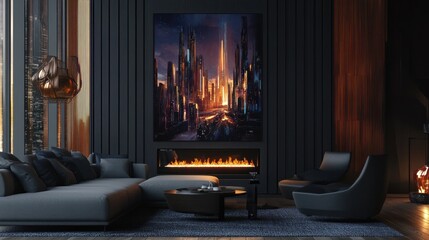 Futuristic cityscape artwork displayed above fireplace in modern living room.