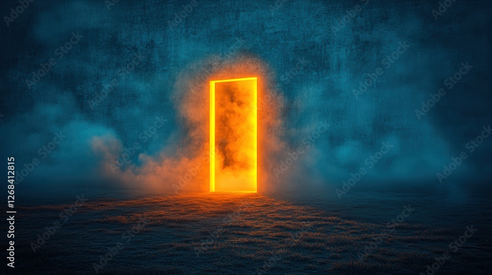 Poster open luminous doorway in dark misty room creating a mysterious atmosphere with soft light effects