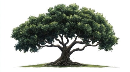 Ancient oak tree, sprawling branches, green leaves, isolated on white, nature illustration