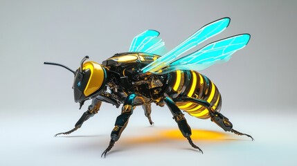 Robotic bee with glowing blue wings and yellow stripes on a white background.