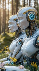 Fototapeta premium Robotic figures in a serene forest setting with flowers.