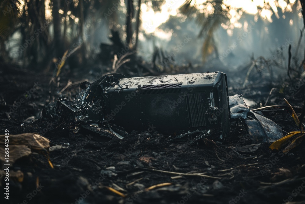 Poster black box recorder lays among scattered airplane debris in crash site located in a remote wooded are