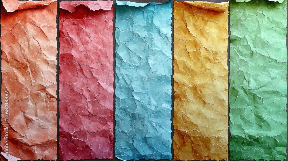 Poster a collection of crumpled paper in various colors for design use.