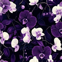purple and white orchids blooming in a vibrant, lush pattern on a deep black background. The contrasting colours create a stunning and sophisticated floral design.