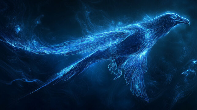 Abstract artistic image of a raven, swirling dark and blue energy forming the shape of a bird in flight