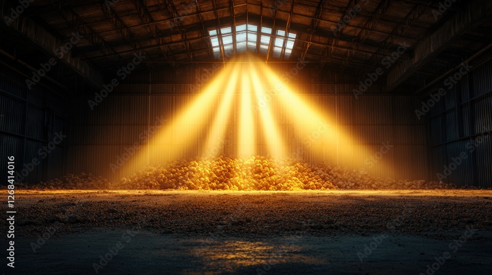 Poster large pile of rubble in a building with light beam shining through a doorway in a hazy room