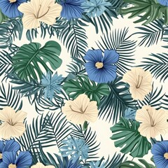 Fototapeta premium a vibrant tropical floral seamless pattern featuring blue and cream hibiscus flowers and palm leaves on a cream background