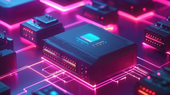Neon-lit server array processing data in futuristic network