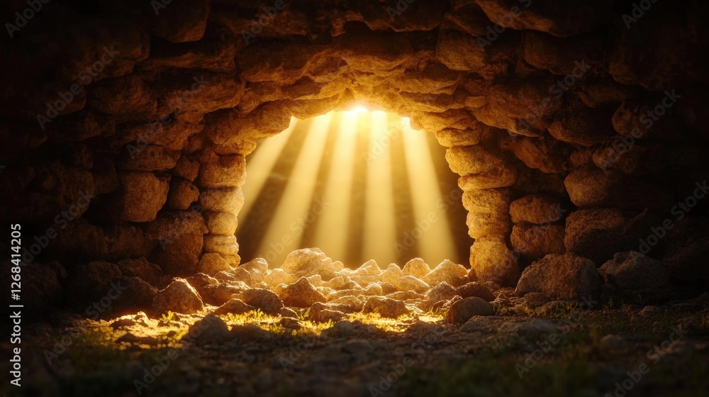 Poster light beams filtering through doorway into dark cave creating a mystical atmosphere in natural lands
